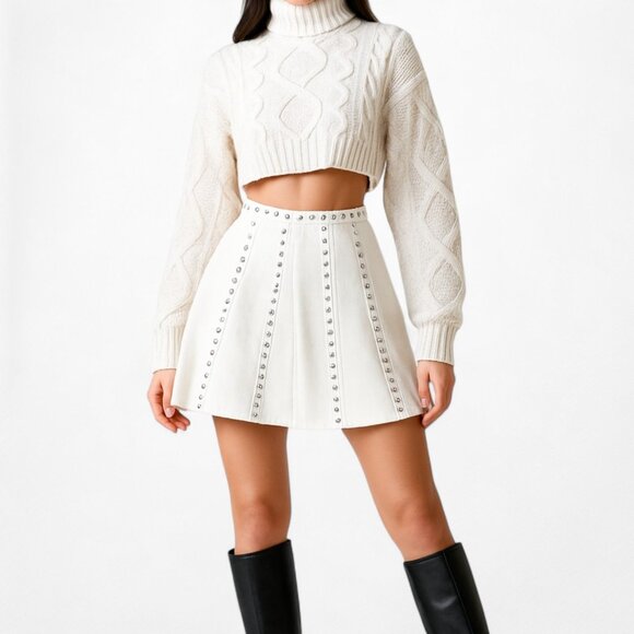 Vintage Y2K White Studded High Waited Flared Skater Mini Skirt Size S - Picture 1 of 5